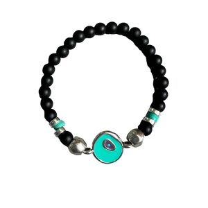 Black hematite stretch with turquoise evil eye